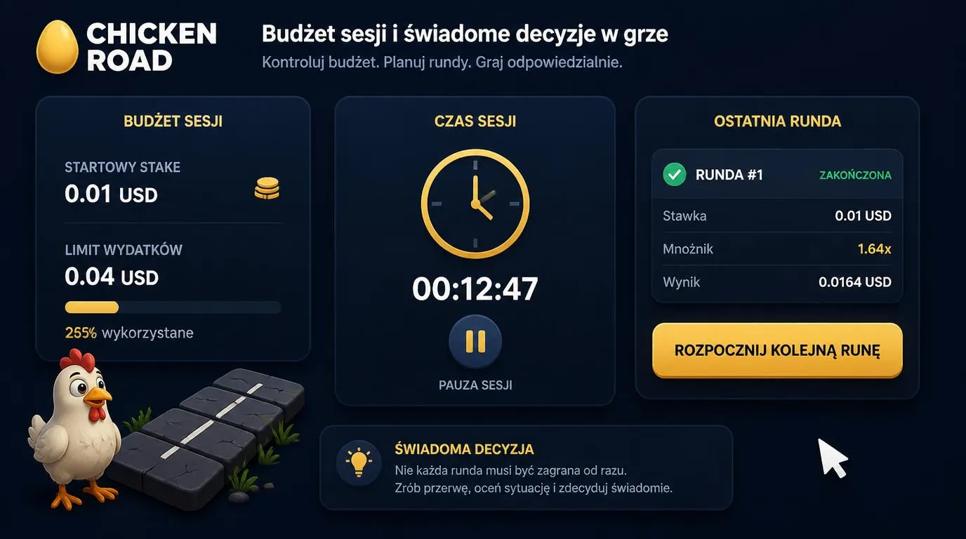 Panel planowania sesji z małą stawką, limitem budżetu, zegarem i przyciskiem rozpoczęcia rundy