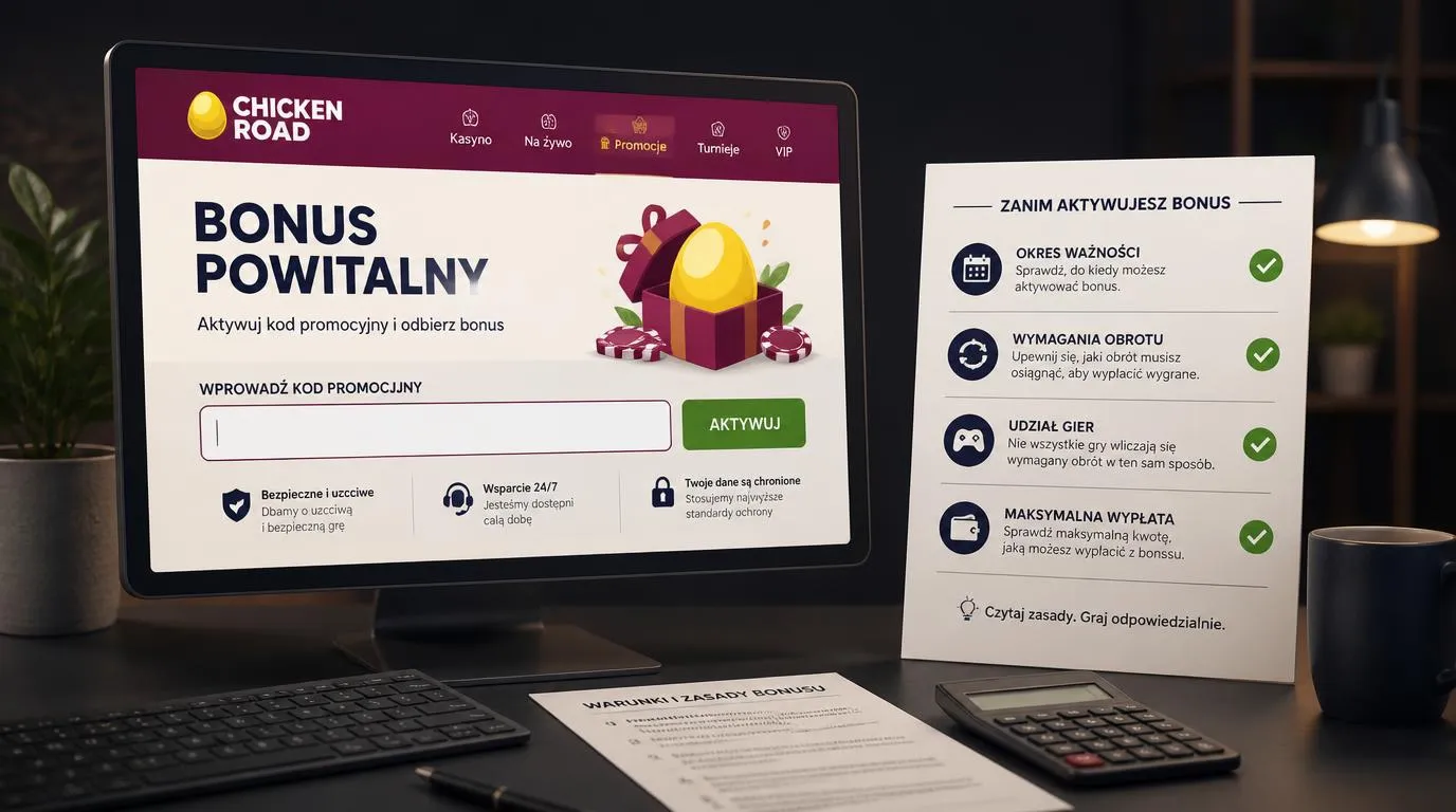 Panel promocji kasynowej z polem kodu oraz checklistą terminu ważności, obrotu i limitu wypłaty
