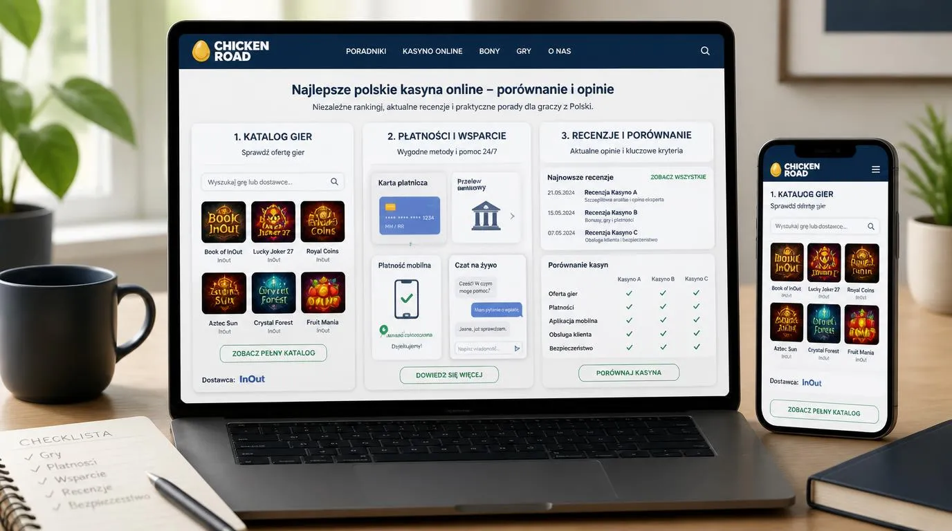 Laptop z porównaniem operatorów, kartą gry InOut, metodami płatności i oknem pomocy po polsku