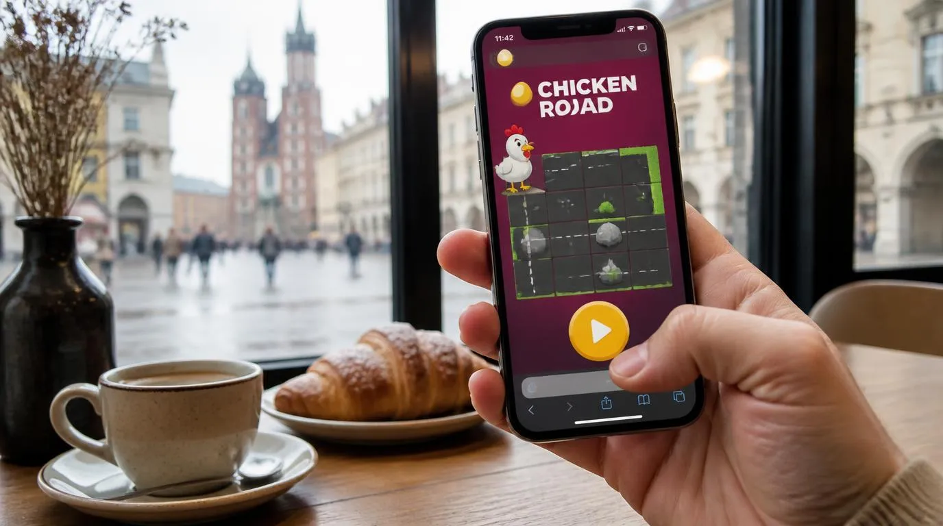 Telefon z mobilną grą o kurczaku na drodze i dużym przyciskiem rozpoczęcia rundy